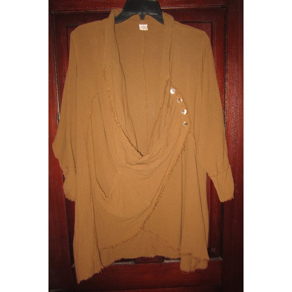 Maria de Guadalajara XL Kante Jacket Blouse Draped Cotton Lagenlook Pocket Camel